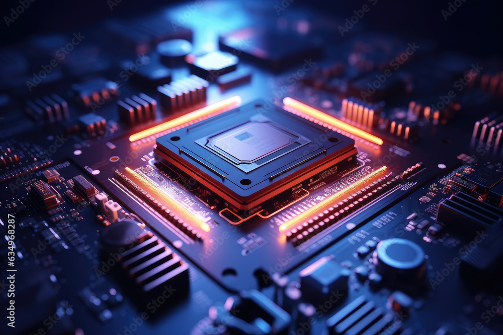 Poster central computer processors cpu on motherboard, technology background, chip on board, digital comput