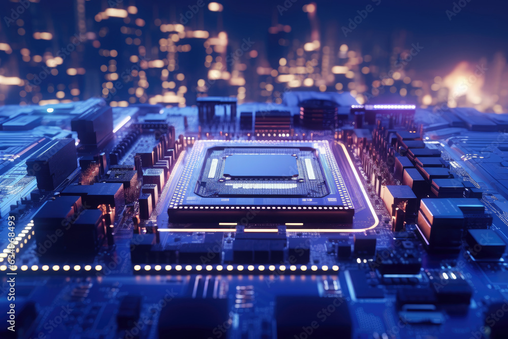 Poster central computer processors cpu on motherboard, technology background, chip on board, digital comput