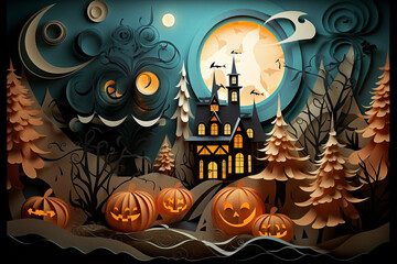 Halloween background in paper cut style. A spooky forest with pumpkin on a scary halloween night. Generative AI.