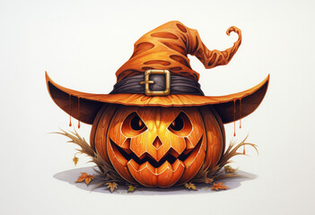Creepy Halloween grinning pumpkins in a witch hat isolated on white background. Halloween background. Generative AI.