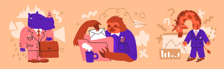 Animals in office suits solve different business problems. Office worker concept. Animals in the world of business. Allegory for the human world. Vector illustration isolated on white background.