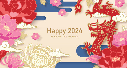 2024 Chinese new year, year of the dragon banner design with Chinese zodiac dragon, clouds and flowers background. - obrazy, fototapety, plakaty