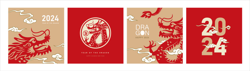 2024 Chinese new year, year of the dragon. Set of Chinese new year posters, greeting cards design with Chinese zodiac dragon. Chinese translation: dragon - obrazy, fototapety, plakaty
