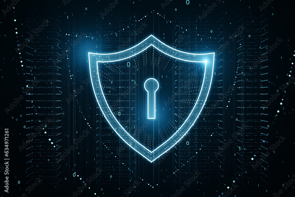 Aufkleber Glowing shield with keyhole on abstract blue background. Security and protection concept. 3D Rendering
