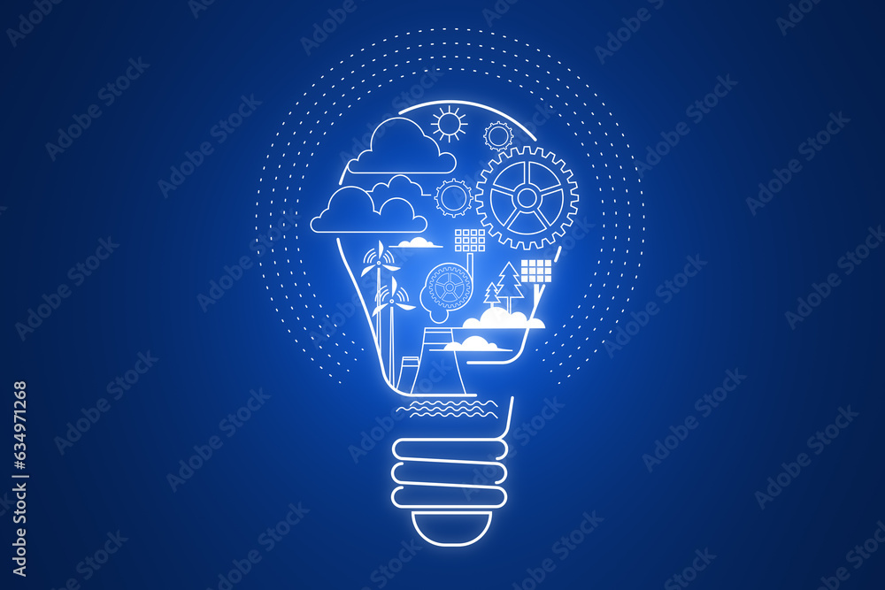 Poster illustration of light bulb with business icons on blue background. idea concept. 3d rendering