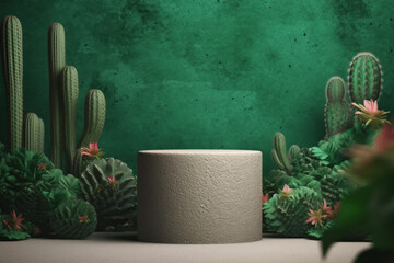 Tropical cactus succulent tree background with natural stone stage podium for product presentation mockup created with Generative AI