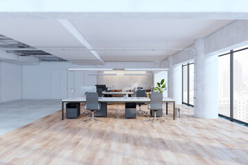 Clean wooden and concrete coworking office interior with panoramic window and city view, furniture and equipment. 3D Rendering.