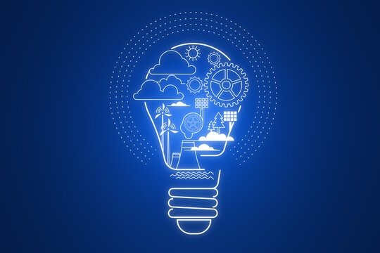 Illustration of light bulb with business icons on blue background. Idea concept. 3D Rendering