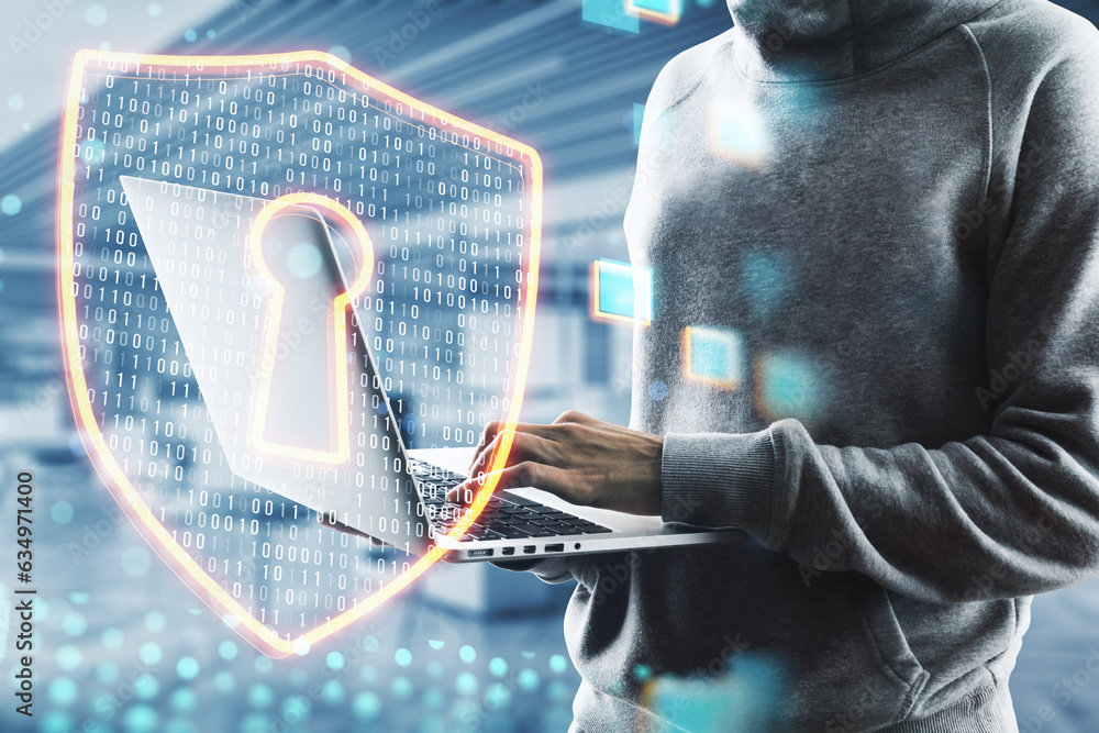 Poster Computer security, digital crime and data protection concept with digital shield symbol on faceless person using modern laptop background, double exposure
