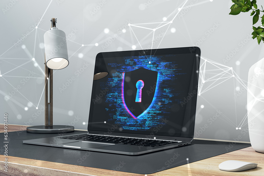 Poster close up of modern designer workplace with lamp, laptop and creative polygonal digital safety hologr
