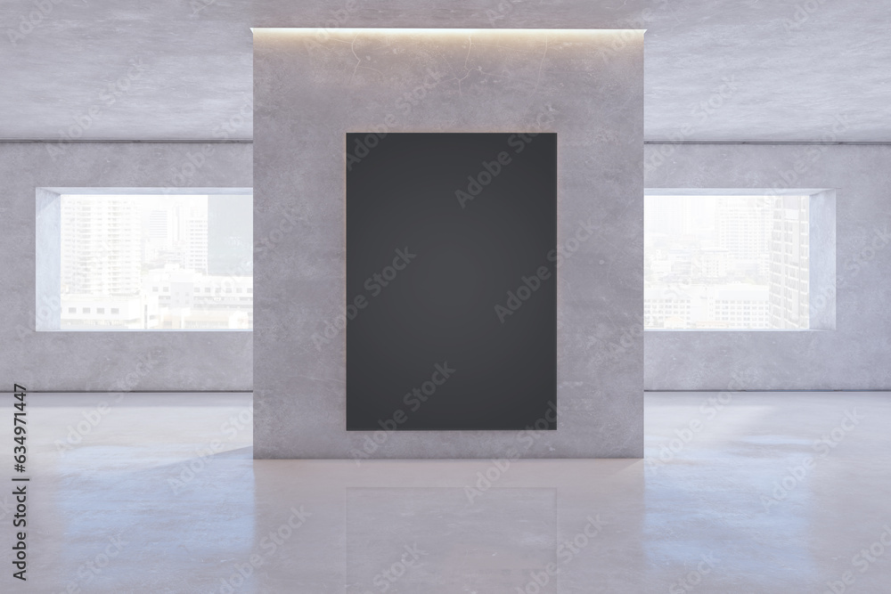 Poster modern concrete exhibition hall interior with empty black mock up poster on wall and window with cit