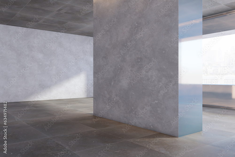 Poster clean concrete exhibition hall interior with blank mock up place on wall and window with city view. 