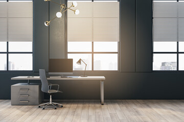 New black office interior with window, blinds, daylight and furniture. 3D Rendering.