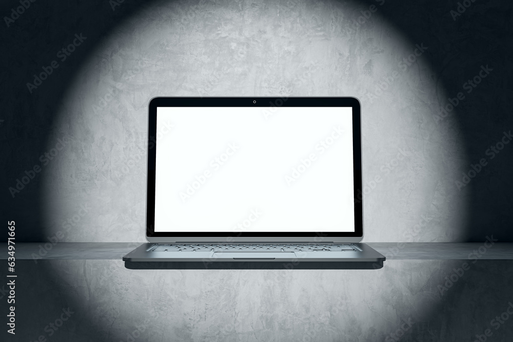 Poster Close up of empty white computer in spotlight. Mock up place on screen and advertisement concept. 3D Rendering.