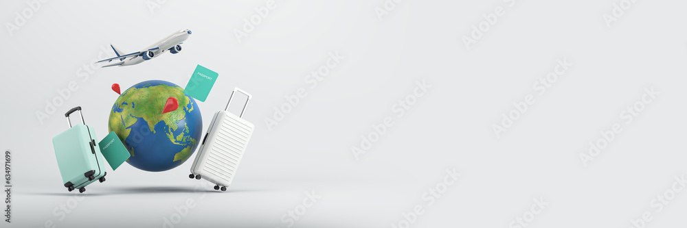 Poster traveling around the world with luggage and airplane. 3d rendering