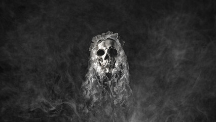 Photo of a Skull of a Bride with Veil in Misty and Dark Background for Halloween concept