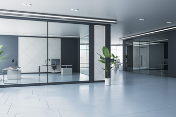 New spacious coworking concrete and glass office interior with equipment, furniture and panoramic window with city view. 3D Rendering.