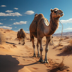  a windy desert with a single camel walking across
