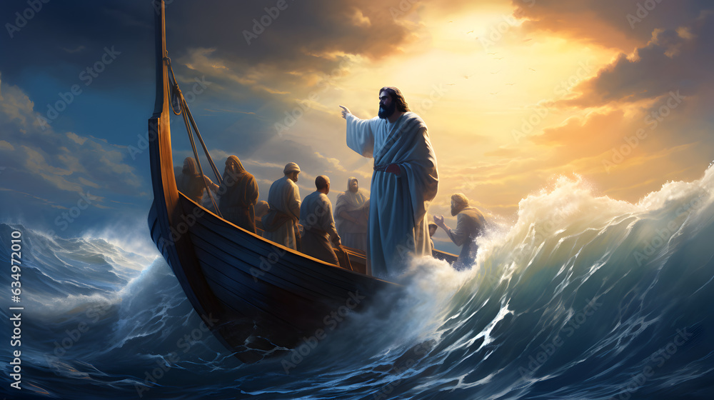 Wall mural jesus christ on the boat calms the storm at sea. - Wall murals