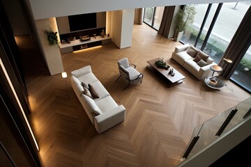 Contemporary material used for view of living rooms parquet flooring from above.