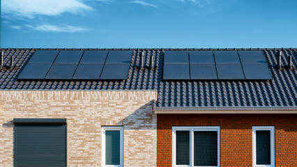 Newly build houses with solar panels attached on the roof , Photovoltaic panels on the roof