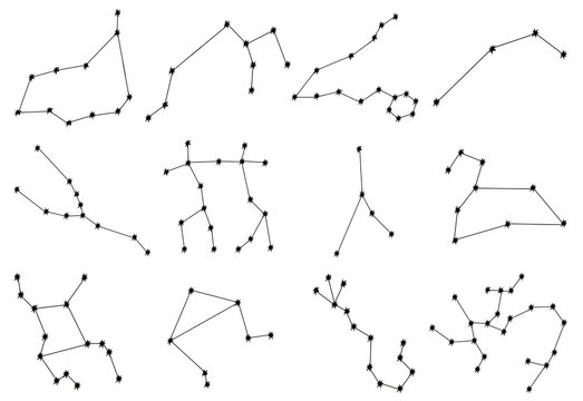 Set of twelve zodiac signs. Aries, Leo, Gemini, Taurus, Scorpio, Aquarius, Pisces, Sagittarius, libra, Virgo, Capricorn, Cancer. Hand draw watercolor illustration isolated on white background.