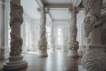 A room with white walls and matching sculpture and columns. Generative AI