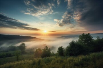 A scenic view of the sunrise over a cloudy landscape captured in a panoramic shot. Generative AI