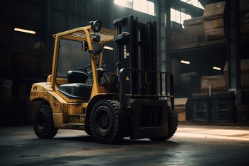 Overburdened yellow forklift tipping forward. Generative AI