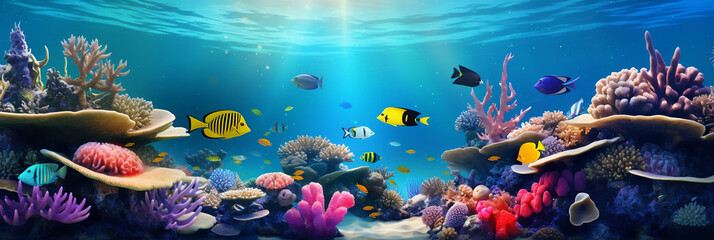 Fototapeta na wymiar Image for banner background. Underwater atmosphere with beautiful fish and corals. Clear water. Free space for content.