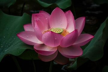 A rain-kissed pink lotus. Generative AI