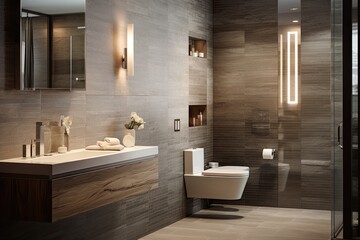 Contemporary restroom with weathered tiles, trendy lights, and refined embellishments.