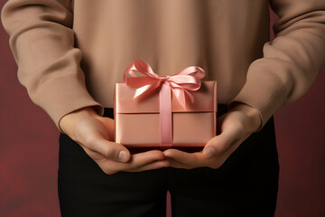 Hand holding a beautifully wrapped gift box with a tied bow