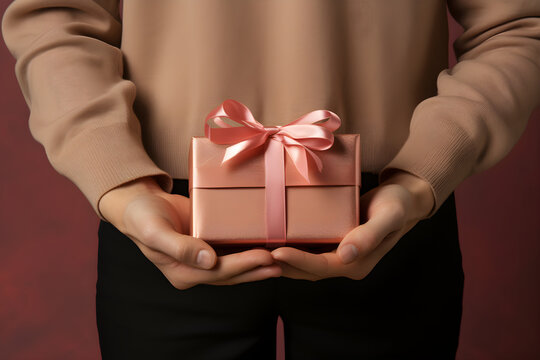 Hand holding a beautifully wrapped gift box with a tied bow