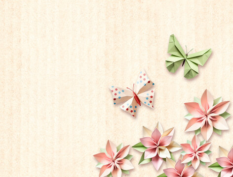 Horizontal eco background with colorful origami paper butterfly and flower on paper texture. Decorative backdrop with paper figures of  butterflies and flowers. 3d render