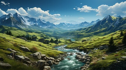 Naklejka na ściany i meble Serene Alpine Splendor: Immersive Vistas of Majestic Landscapes and Natural Wonders, generative AI