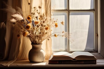 Close up books, frame, and dried flowers near window.