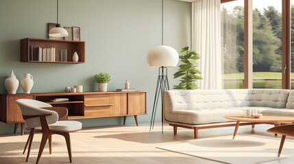 Interior of green living room , Scandinavian style , mid century home interior design of modern living room