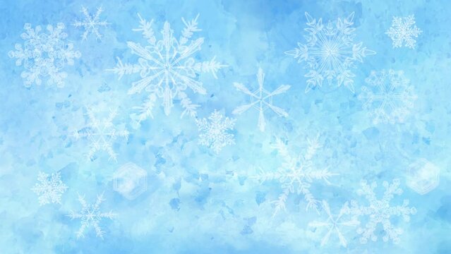 くるくると雪の結晶が回転する幻想的なループアニメーション。大きさや形の異なる結晶達がキュート。