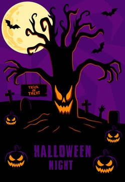 Halloween scene with spooky tree, pumpkin, full moon, zombie hand, tombstones in cemetery. Halloween flat design. Halloween vector design template for invitation, poster, greeting card