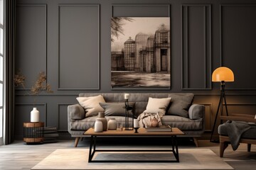 Concept of a living room with grey decor, wall art, interior doors, a wooden table, and a lamp.