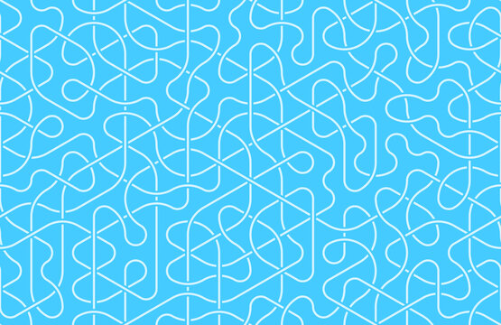 Seamless pattern of woven lines on blue background. Hexagonal Truchet, creative coding computational design.