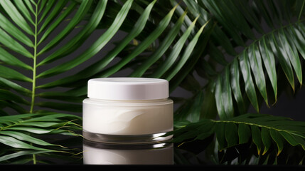 Generative AI, glass jar with moisturizing face cream on the background of green palm leaves, cosmetology, spa procedures, skin care