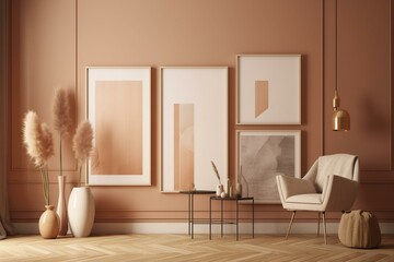 Frames in modern nomad home, warm beige tones, 3D render. Generative AI