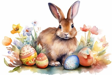 Watercolor illustration of bunny with Easter eggs and flowers. Generative AI