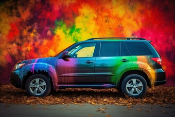 Fototapeta na wymiar Vibrant burst of color on SUV wallpaper. Generative AI
