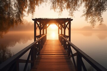 Sunrise wooden porch bridge over lake generated by AI. Generative AI