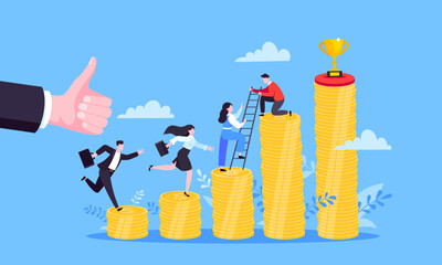 Business mentor helps improve career and money stacks growing. He holds stairs steps vector illustration. Mentorship, upskills, climb help self development strategy flat style design business concept.