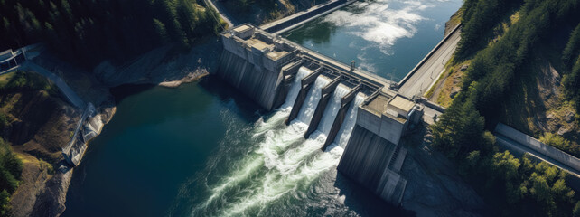 Hydroelectric power dam on a river in mountains, aerial view. Generative AI - obrazy, fototapety, plakaty