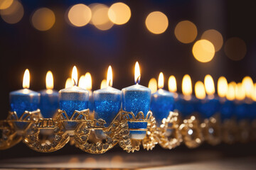 Obraz na płótnie Canvas Close-up of a beautifully lit Hanukkah menorah. Hanukkah decoration with candles